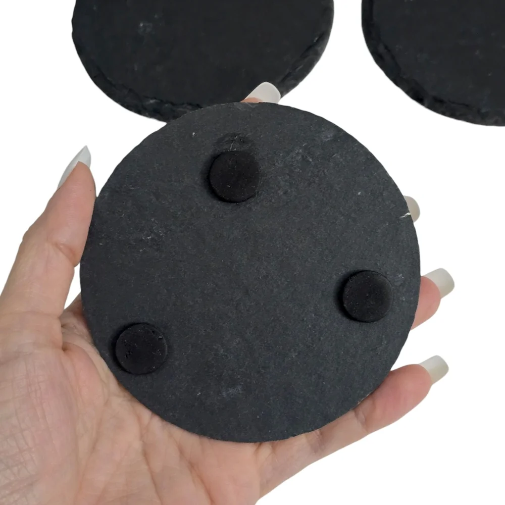 Set of 5 Jagged Slate Coasters Charcoal Gray Black Round Barware Home Essentials